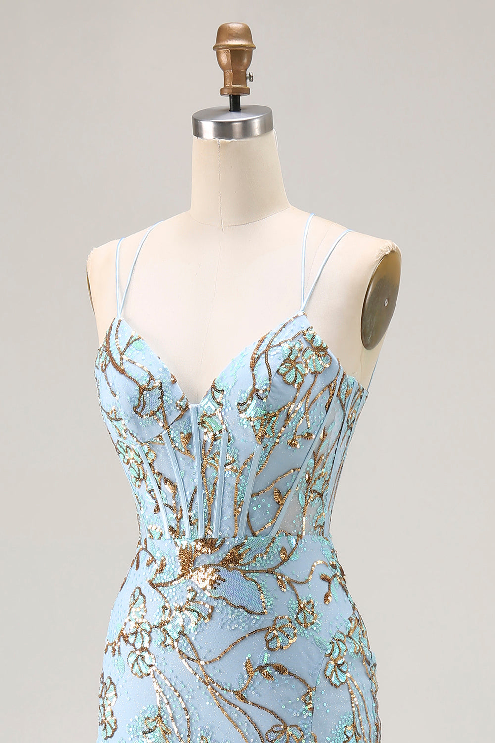Sparkly Lake Blue Sequins Mermaid Long Corset Prom Dress with Slit