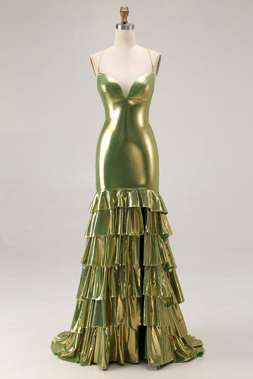 Gold Metallic Mermaid Tiered Long Prom Dress with Ruffles