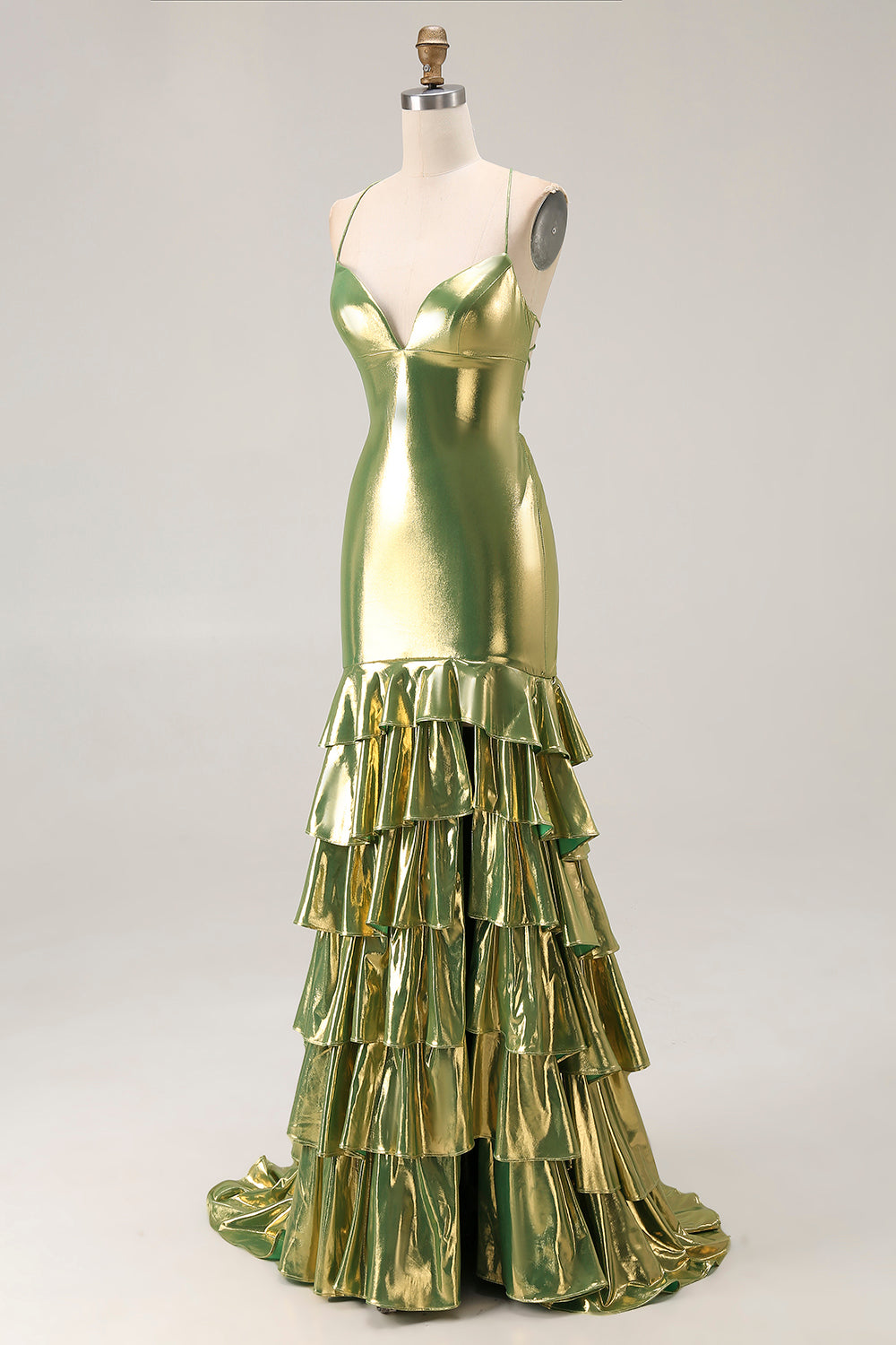 Gold Metallic Mermaid Tiered Long Prom Dress with Ruffles