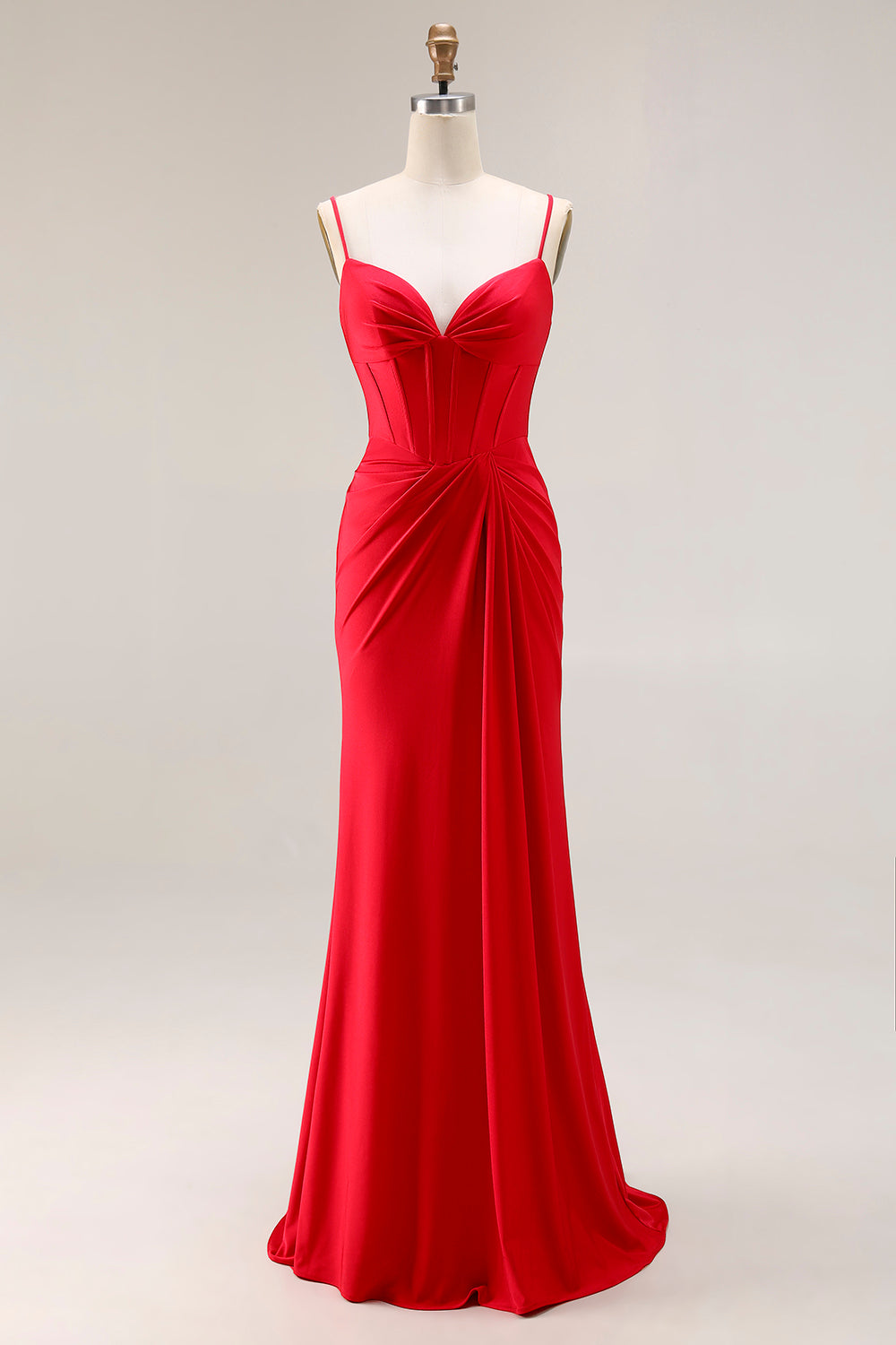 Red Satin Mermaid Ruched Long Corset Prom Dress