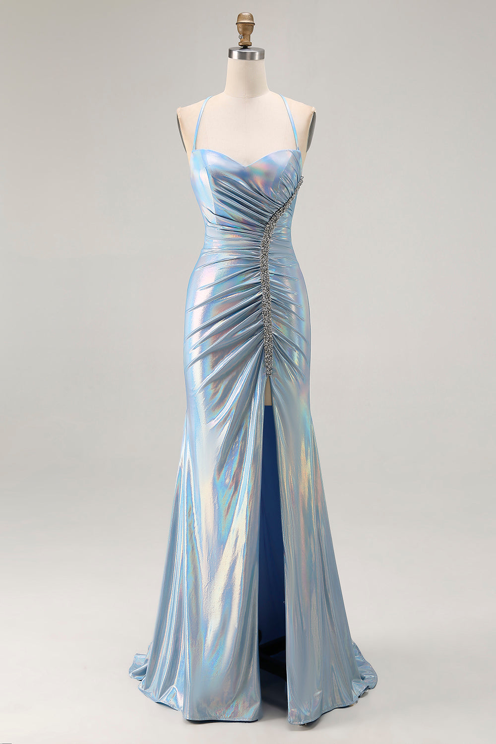Sparkly Light Blue Ruched Metallic Mermaid Long Prom Dress
