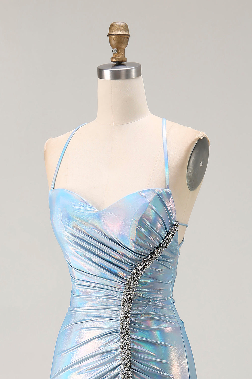 Sparkly Light Blue Ruched Metallic Mermaid Long Prom Dress
