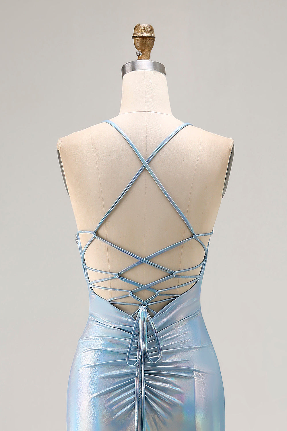 Sparkly Light Blue Ruched Metallic Mermaid Long Prom Dress