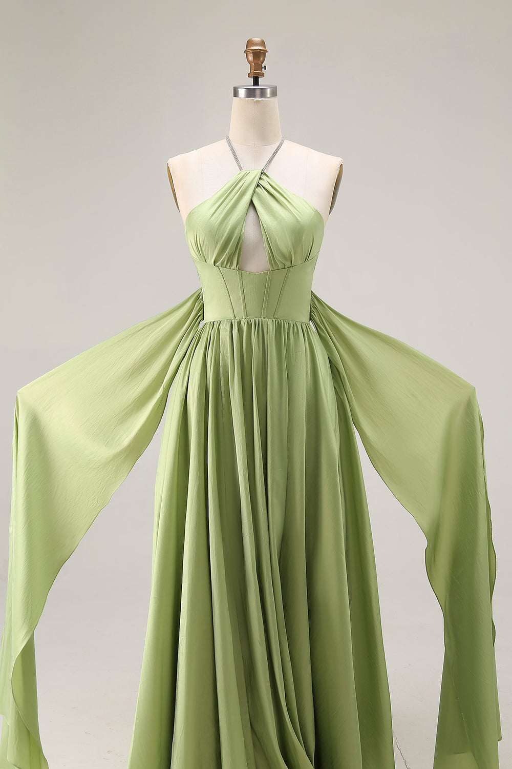 Sage Green Corset A Line Keyhole Long Prom Dress with Slit