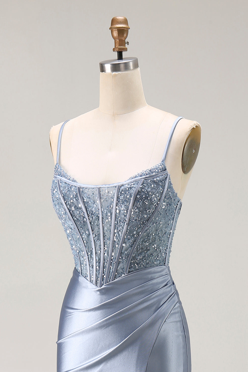 Sparkly Grey Blue Mermaid Corset Long Prom Dress with Beading