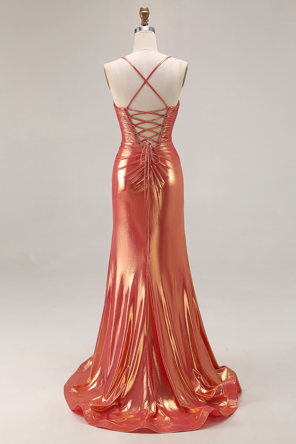 Sparkly Orange Metallic Mermaid Ruched Long Prom Dress with Slit