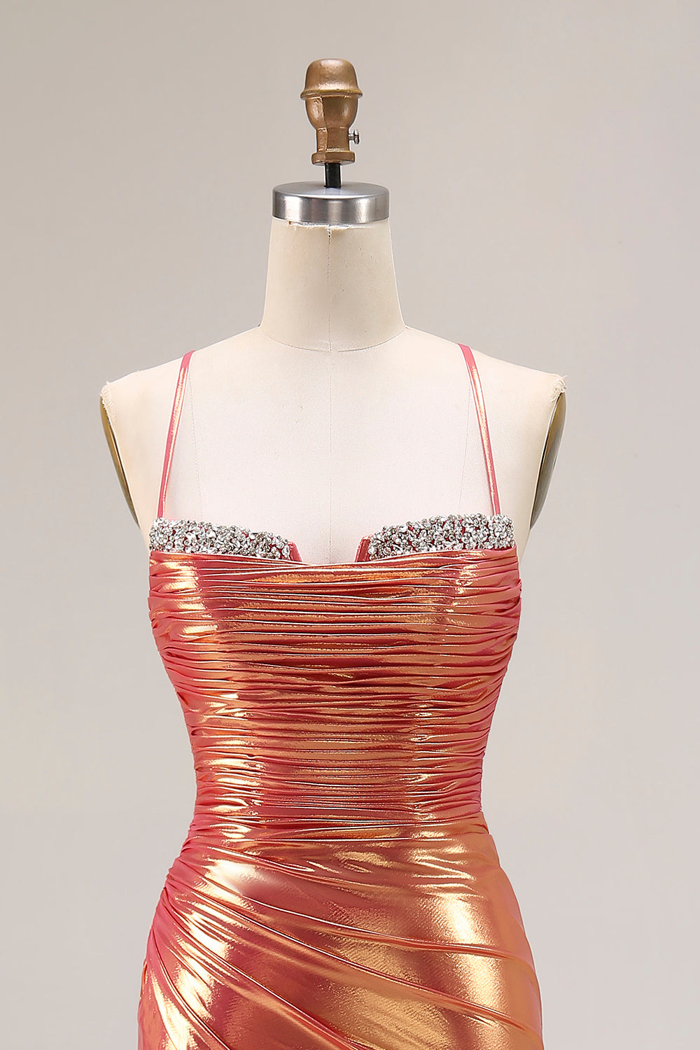 Sparkly Orange Metallic Mermaid Ruched Long Prom Dress with Slit