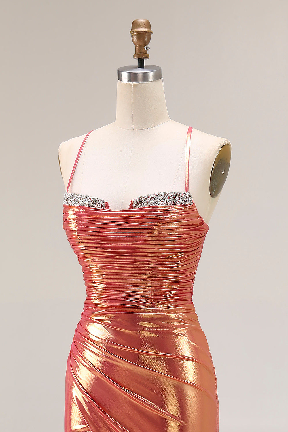 Sparkly Orange Metallic Mermaid Ruched Long Prom Dress with Slit