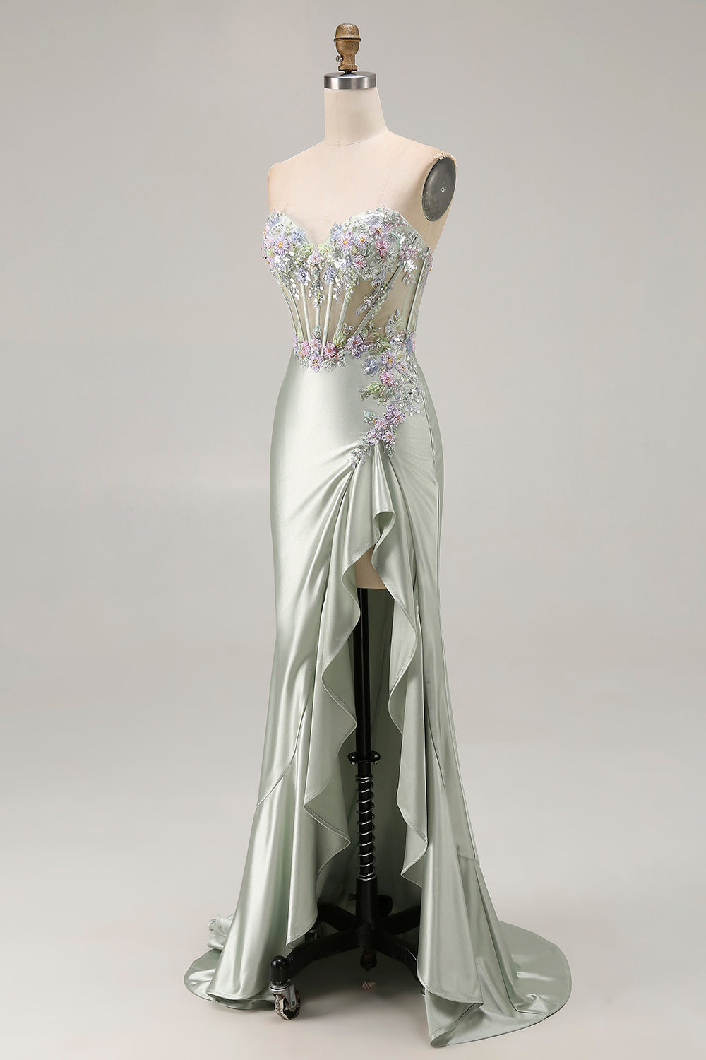 Sparkly Dusty Sage Corset Floral Sweetheart Long Prom Dress