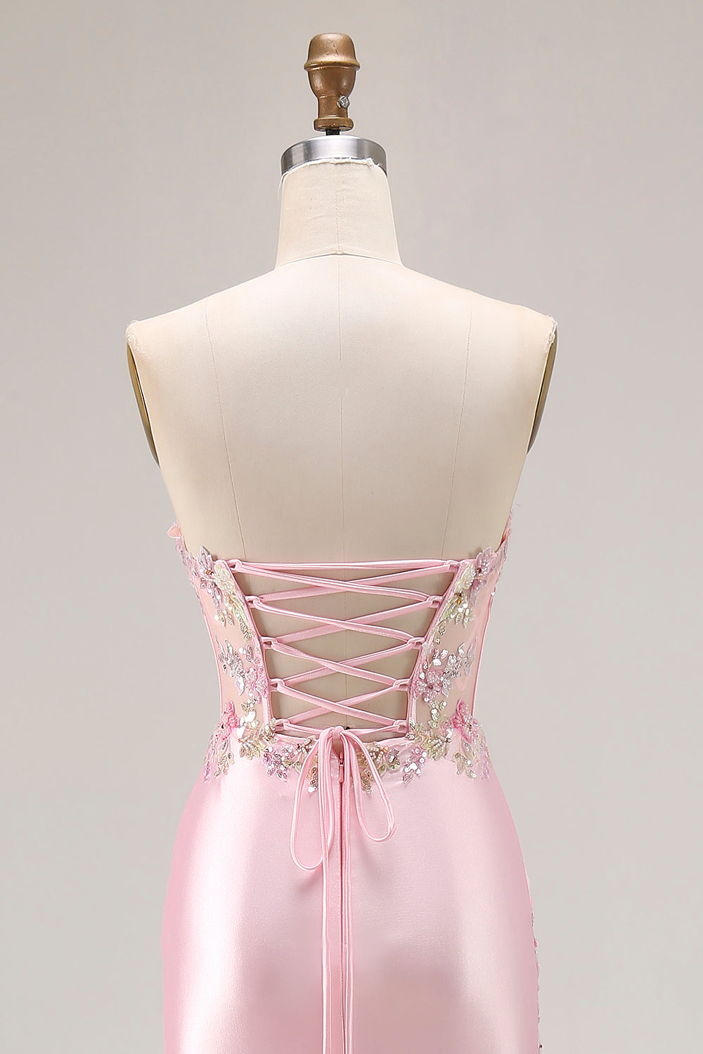 Sparkly Pink Corset Strapless Floral Long Prom Dress with Slit