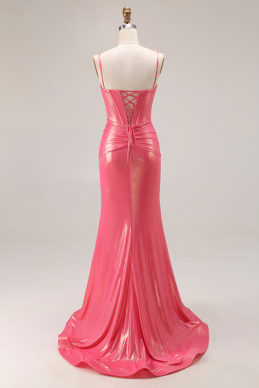 Sparkly Watermelon Corset Metallic Long Prom Dress with Beading