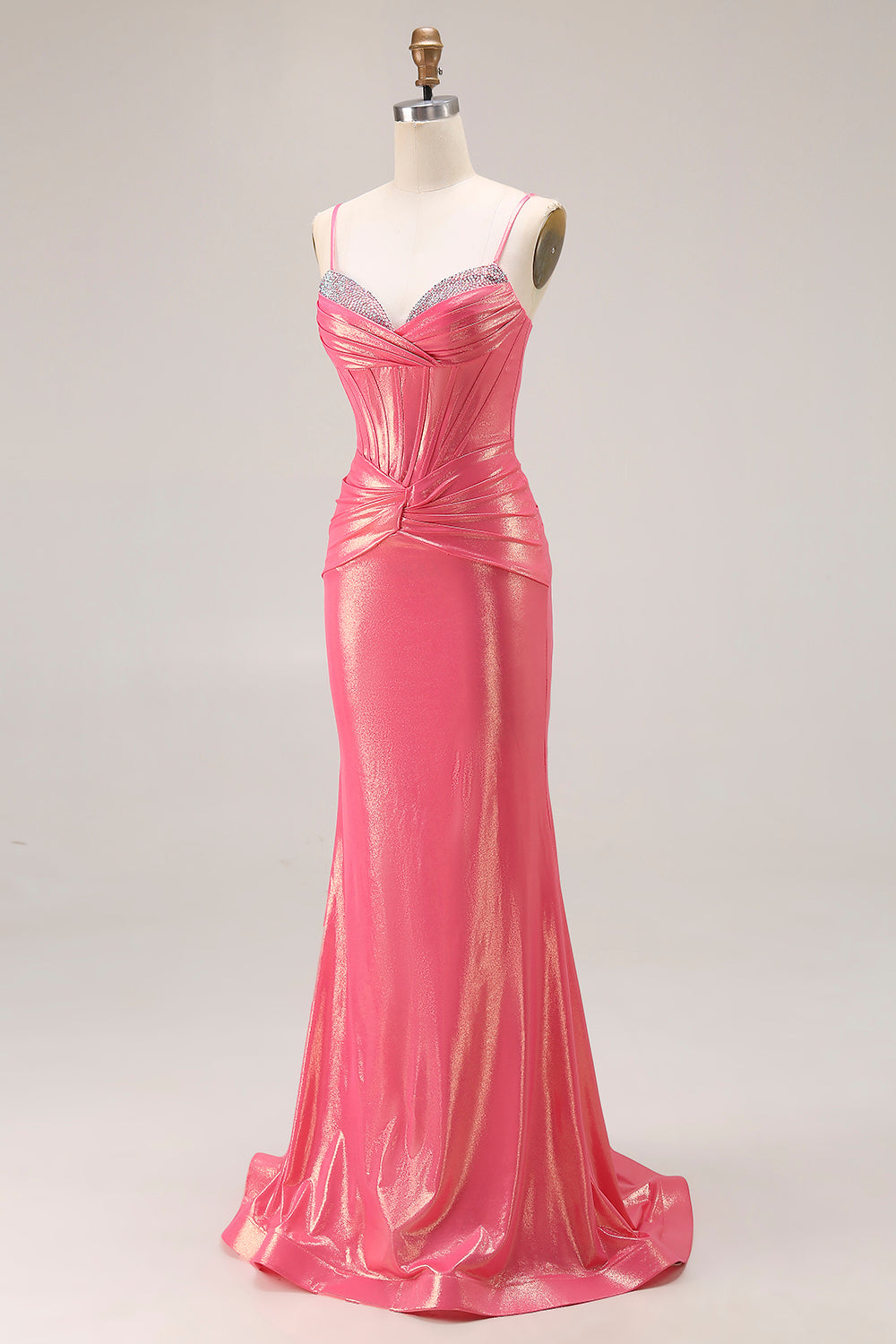 Sparkly Watermelon Corset Metallic Long Prom Dress with Beading