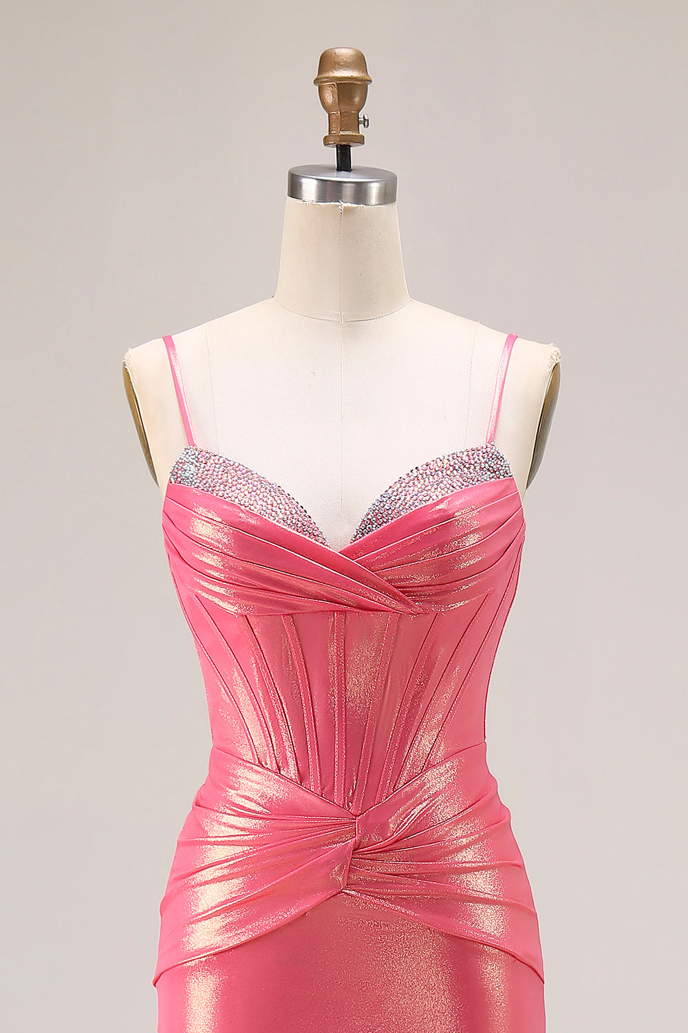 Sparkly Watermelon Corset Metallic Long Prom Dress with Beading