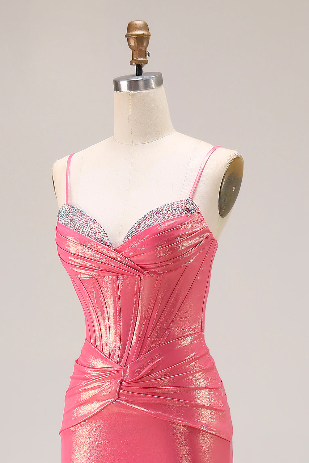 Sparkly Watermelon Corset Metallic Long Prom Dress with Beading