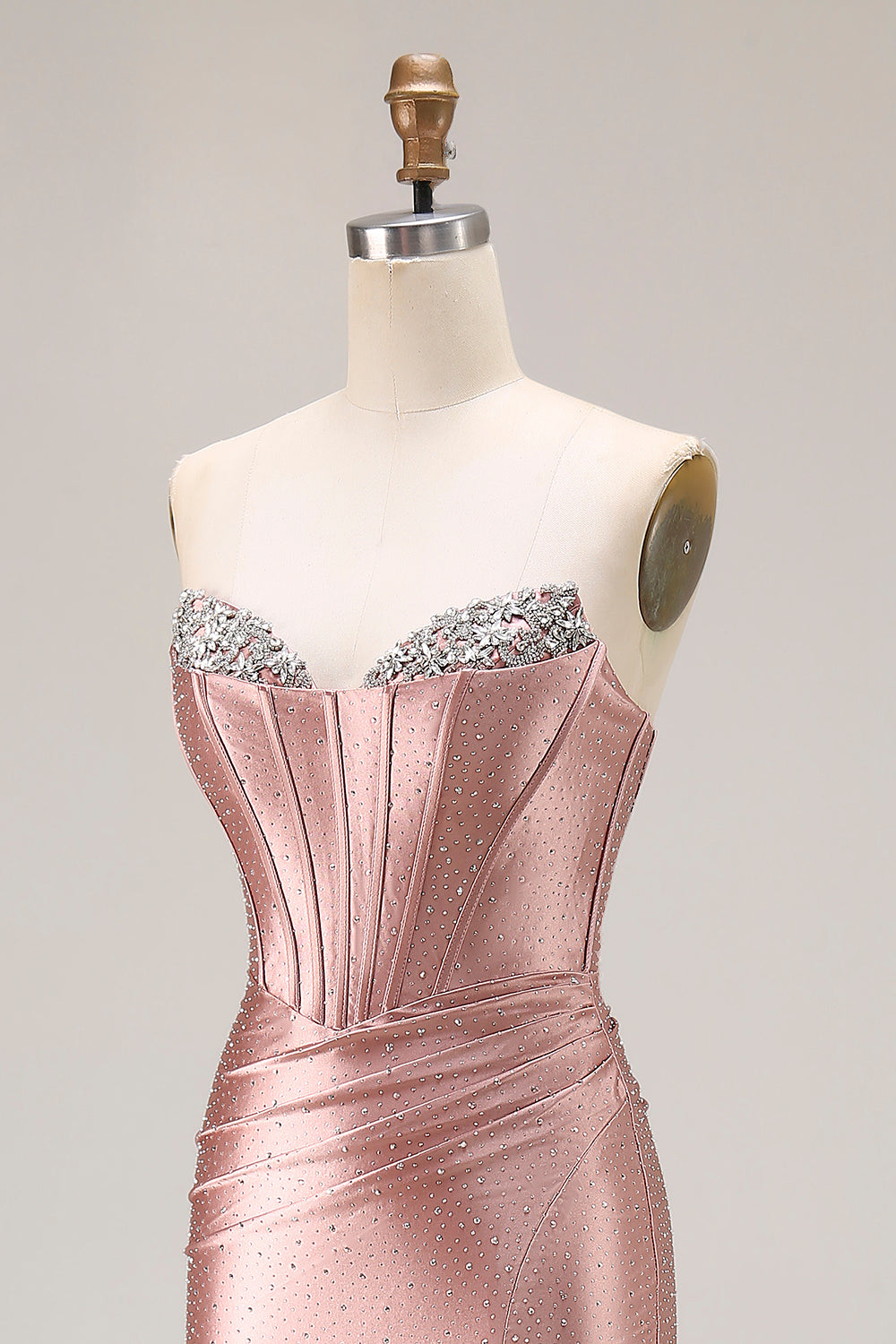 Sparkly Dusty Rose Beaded Mermaid Corset Long Prom Dress with Slit