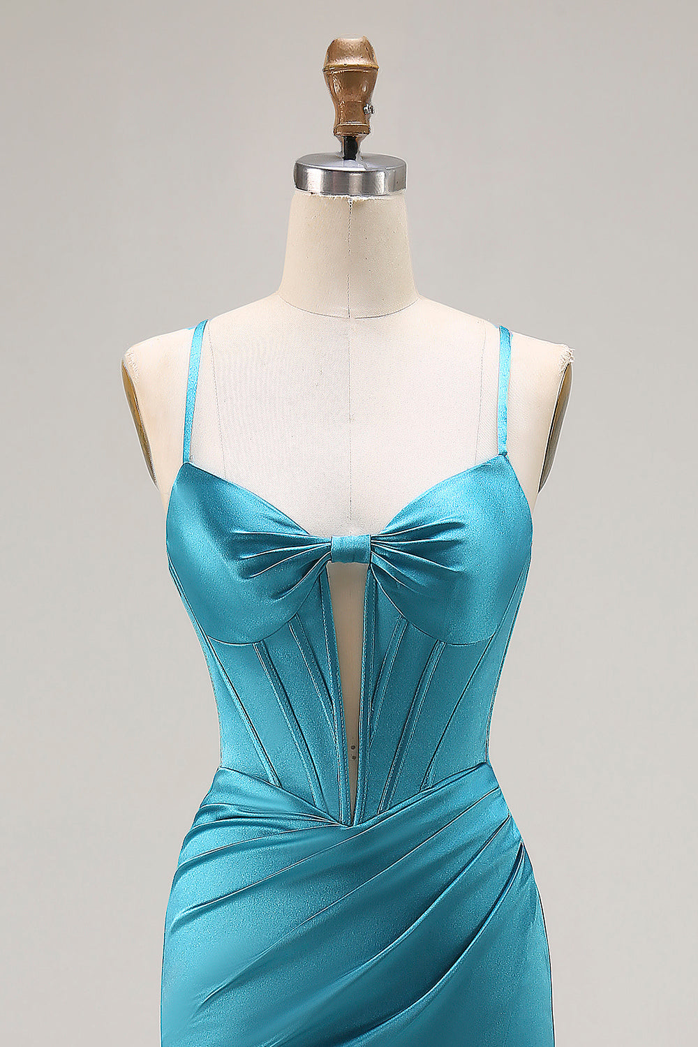 Peacock Blue Corset Satin Mermaid Long Prom Dress with Slit