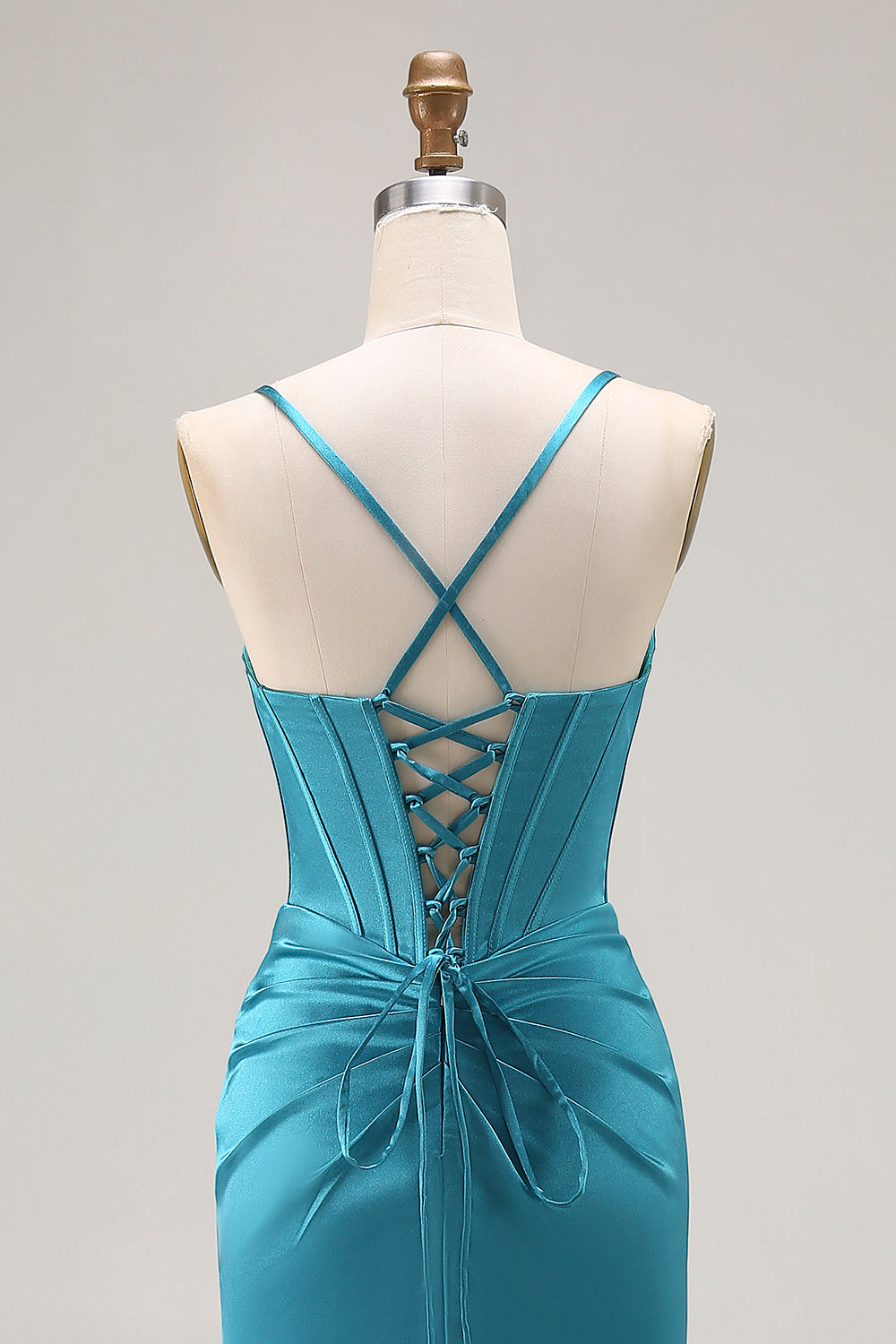 Peacock Blue Corset Satin Mermaid Long Prom Dress with Slit