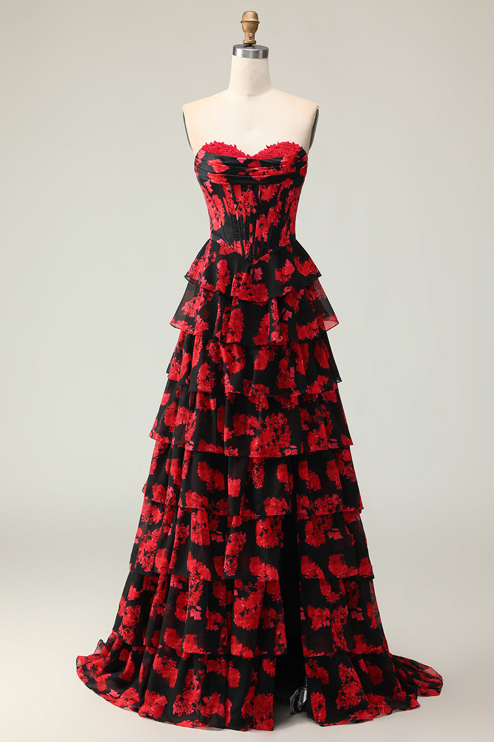 Plus Size Black and Red Floral Strapless Corset Long Prom Dress with Slit