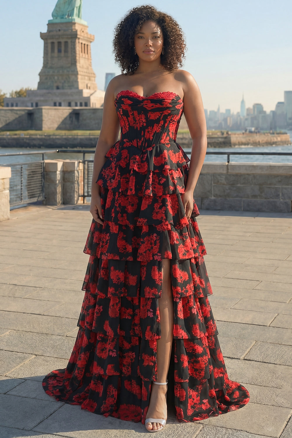 Black and Red Floral Strapless Ruffled Corset Long Prom Dress with Slit