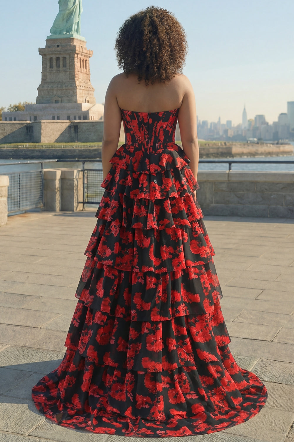 Black and Red Floral Strapless Ruffled Corset Long Prom Dress with Slit