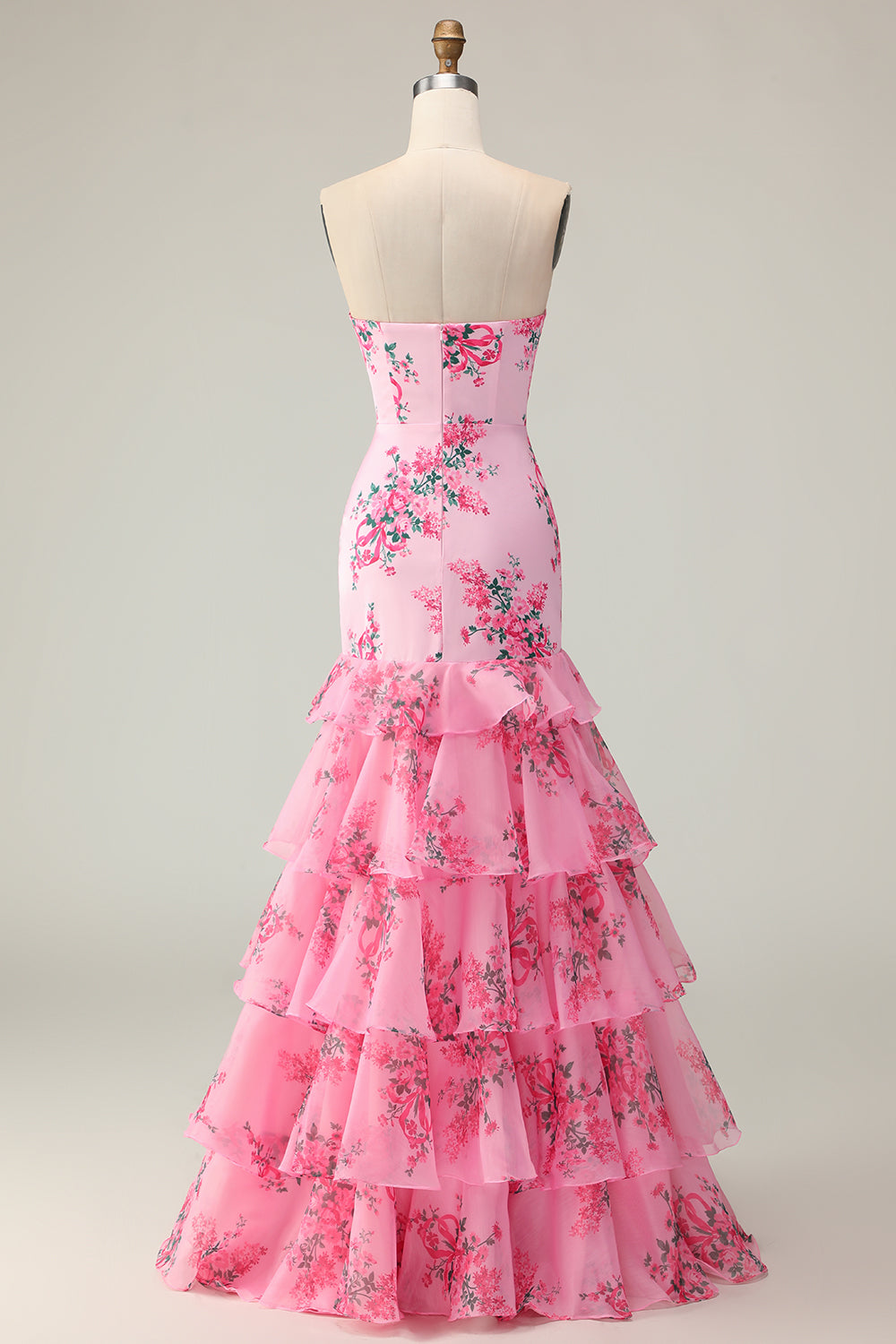 Pink Floral Strapless Ruffled Mermaid Long Prom Dress