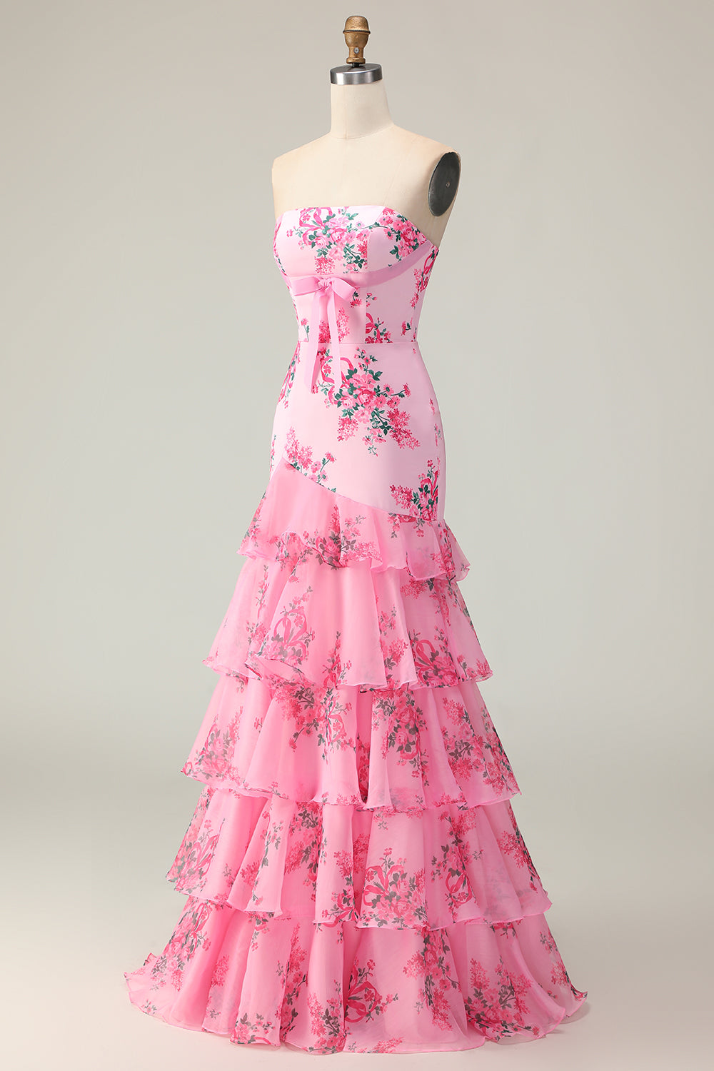 Blue and White Floral Ruffled Strapless Mermaid Long Prom Dress