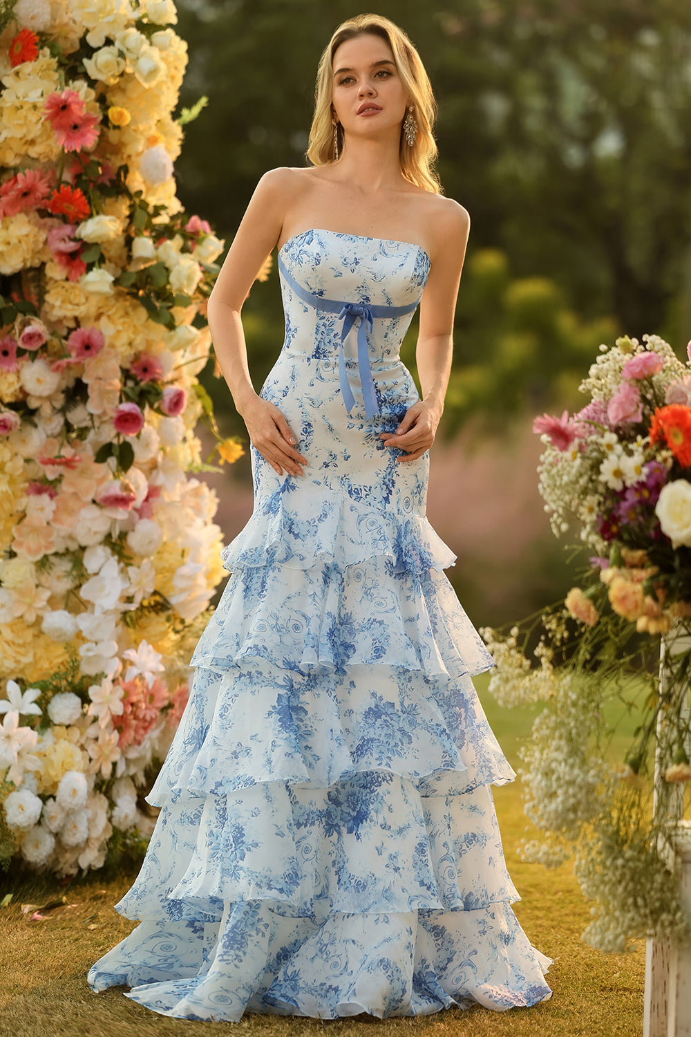 Pink Floral Strapless Ruffled Mermaid Long Prom Dress
