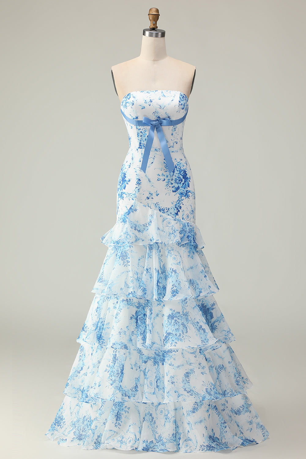 Pink Floral Strapless Ruffled Mermaid Long Prom Dress
