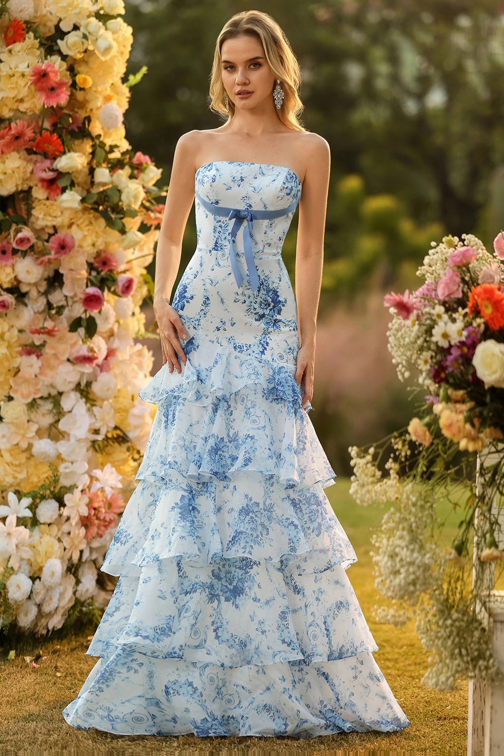 Floral Blue and White Strapless Mermaid Long Prom Dress with Ruffles