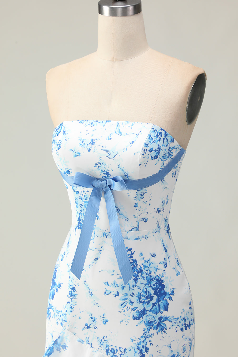 Blue and White Floral Ruffled Strapless Mermaid Long Prom Dress