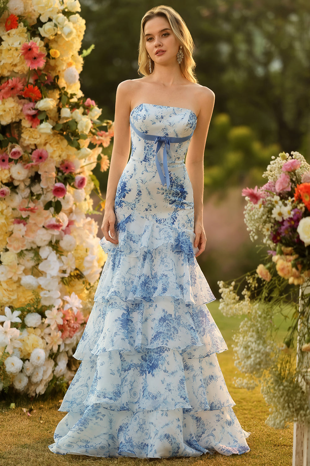 Floral Blue and White Strapless Mermaid Long Prom Dress with Ruffles