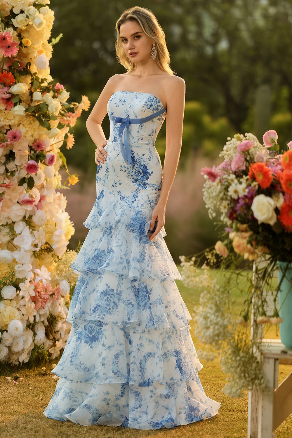 Floral Blue and White Strapless Mermaid Long Prom Dress with Ruffles