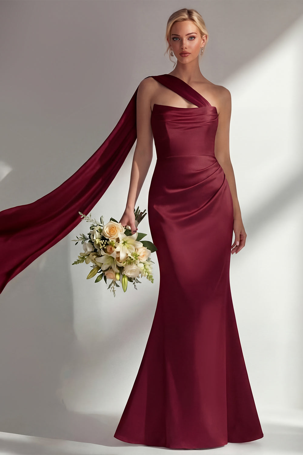 Burgundy Satin Mermaid Neck Scarf Ruched Long Prom Dress