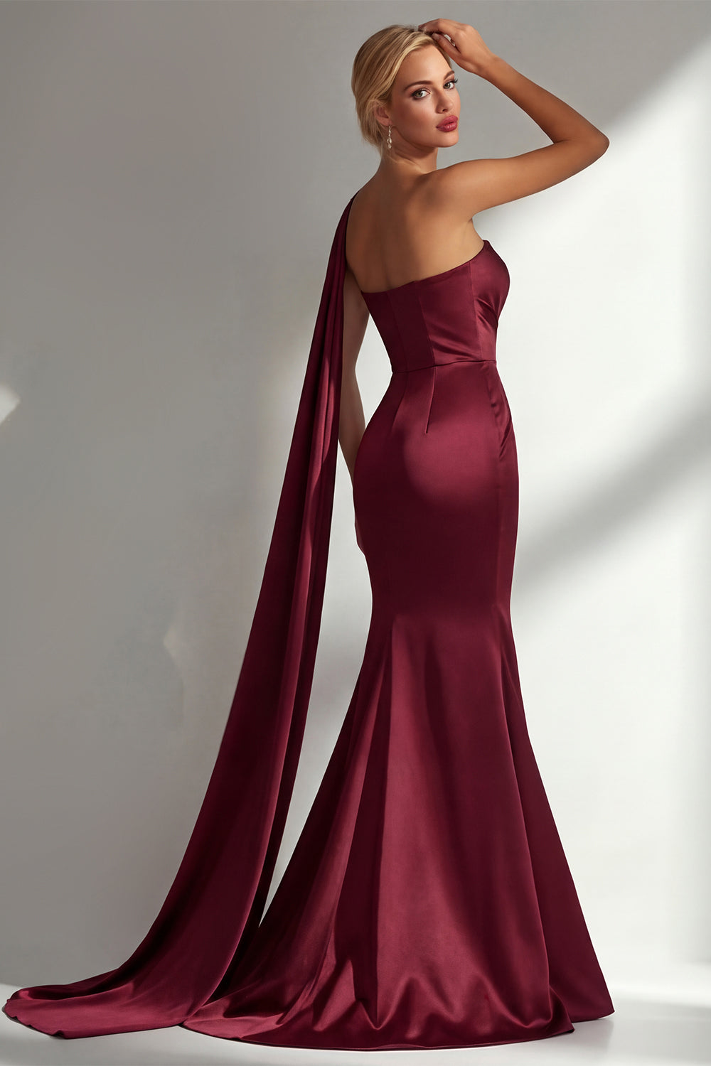 Burgundy Satin Mermaid Neck Scarf Ruched Long Prom Dress
