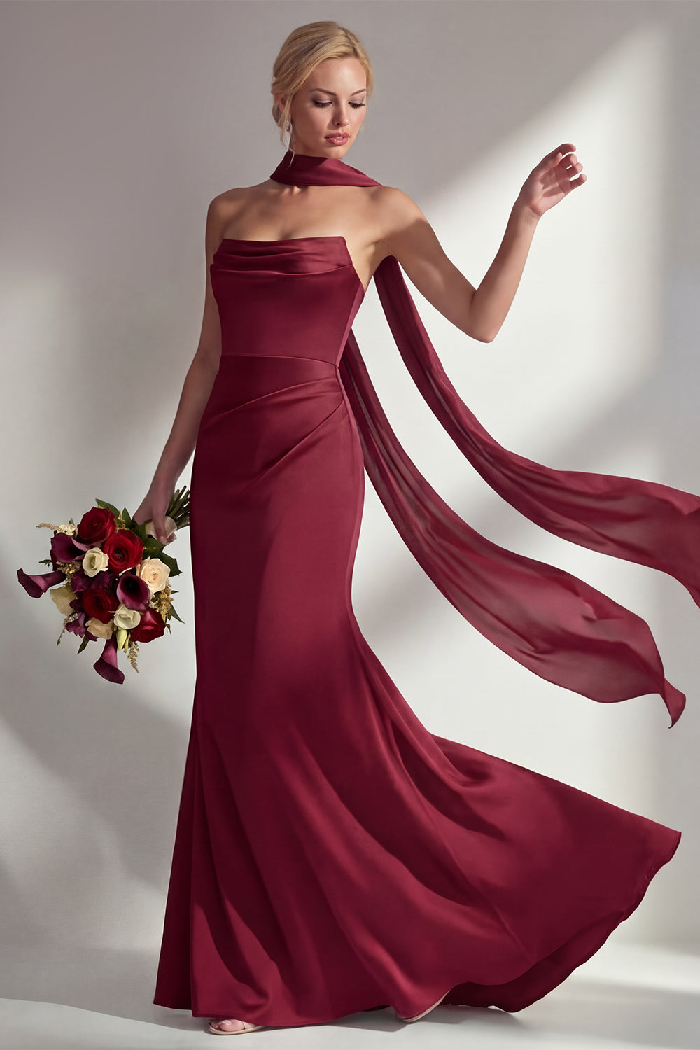Burgundy Satin Mermaid Neck Scarf Ruched Long Prom Dress