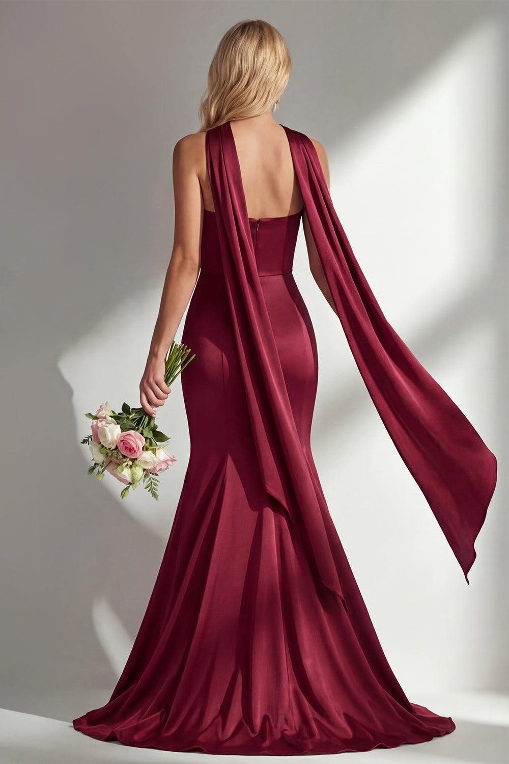 Burgundy Satin Mermaid Neck Scarf Ruched Long Prom Dress
