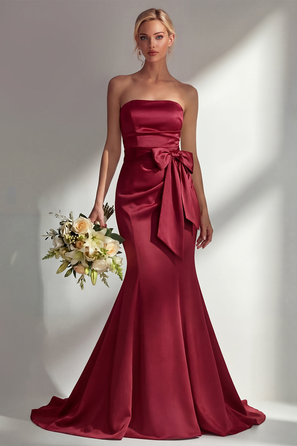 Burgundy Satin Mermaid Neck Scarf Ruched Long Prom Dress