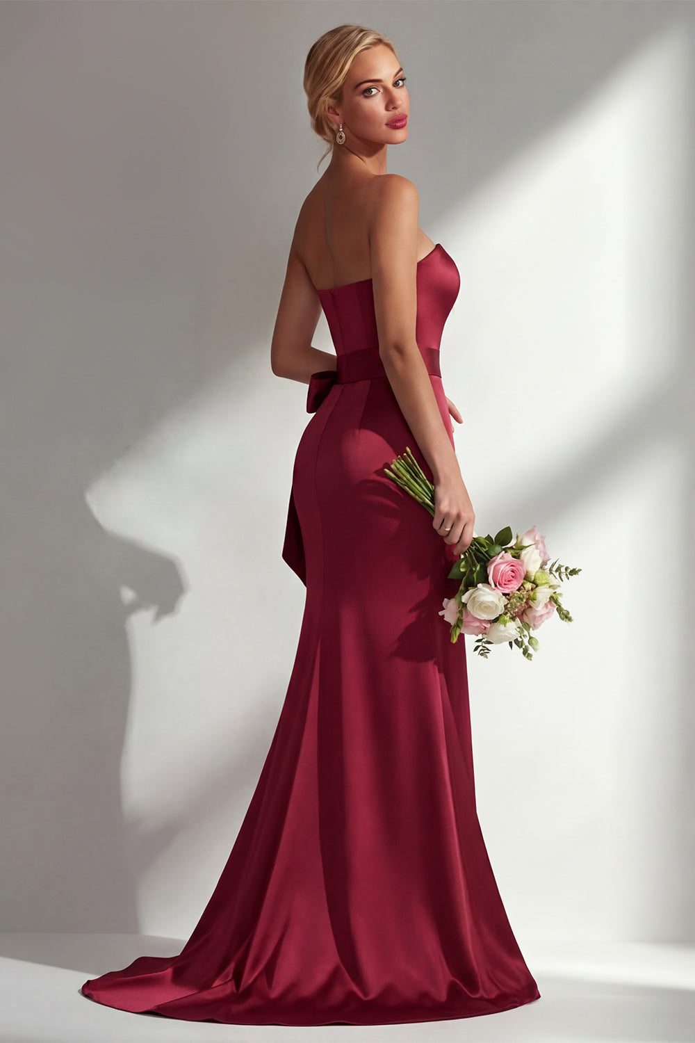 Burgundy Satin Mermaid Neck Scarf Ruched Long Prom Dress