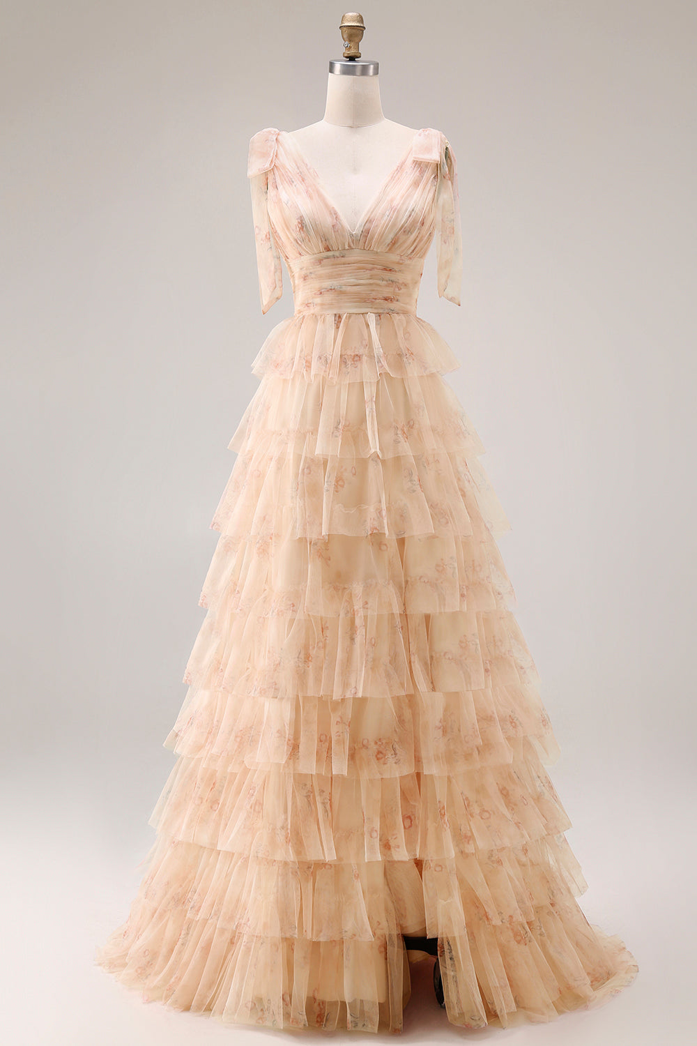 Green Floral Tulle A Line Tiered Long Prom Dress with Slit