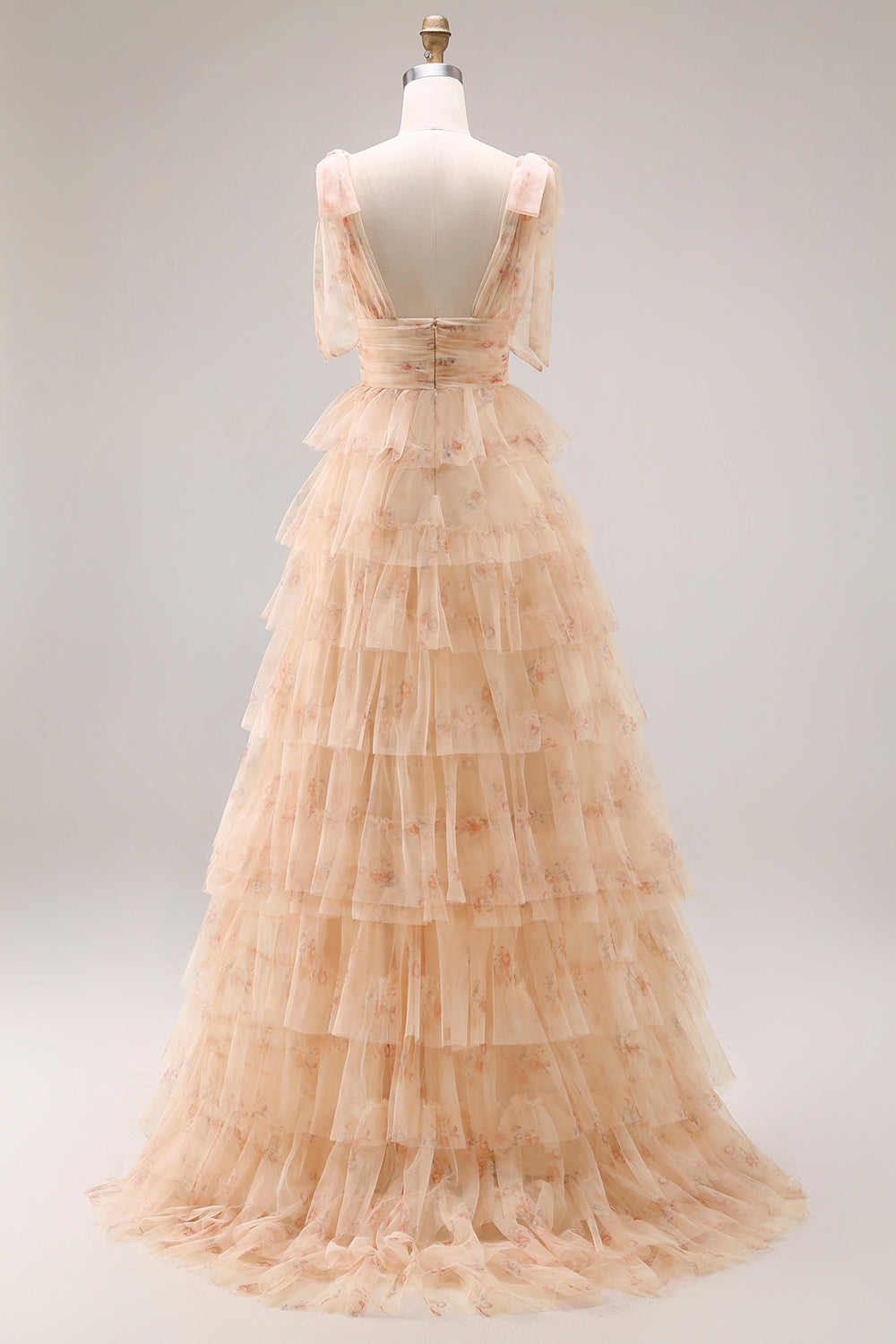 Green Floral Tulle A Line Tiered Long Prom Dress with Slit
