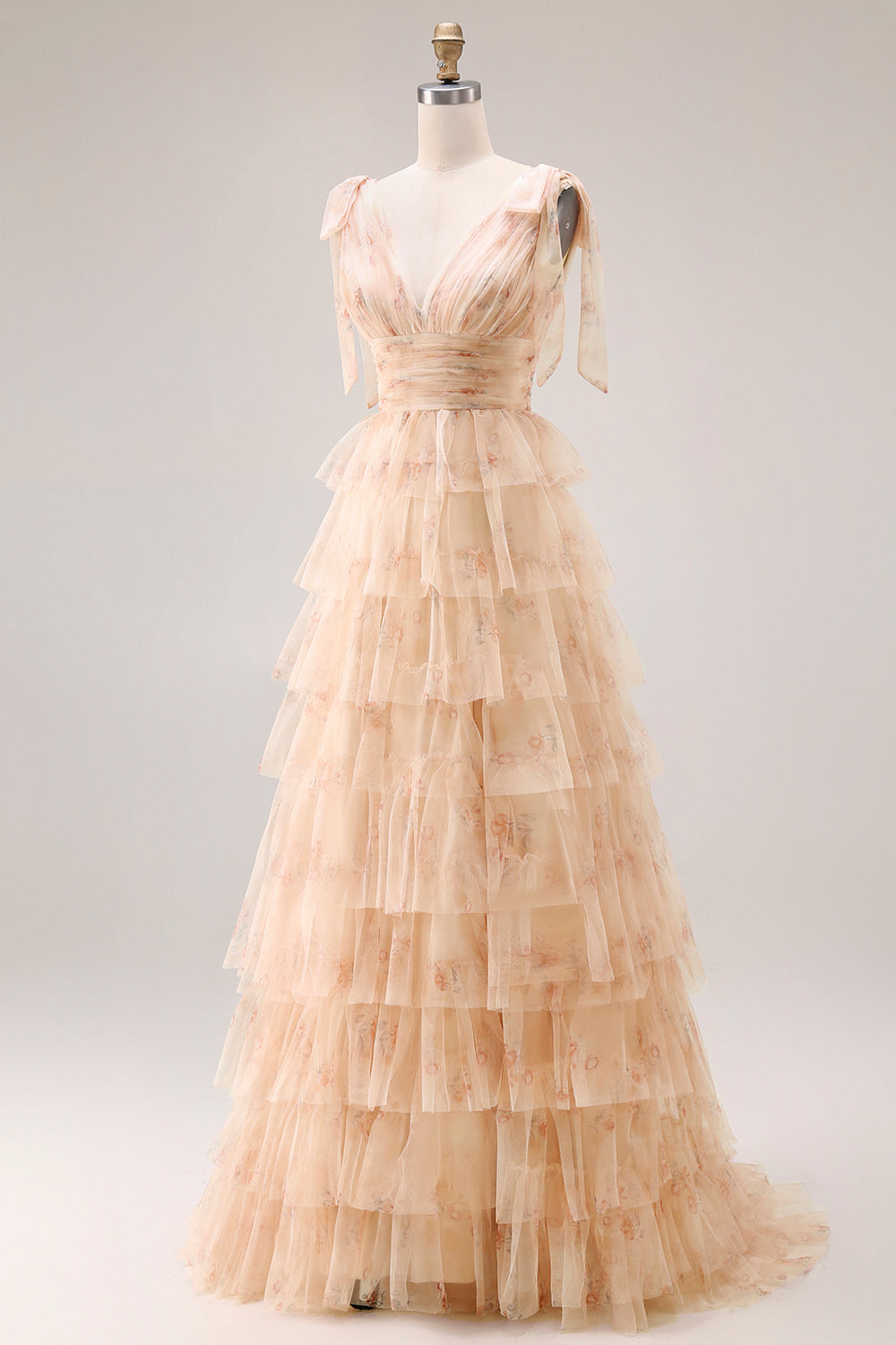 Green Floral Tulle A Line Tiered Long Prom Dress with Slit