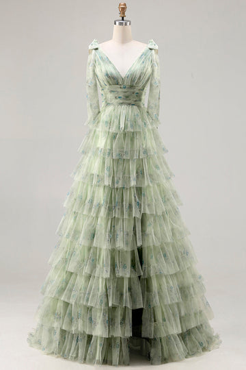 Green Floral Tulle A Line Tiered Long Prom Dress with Slit