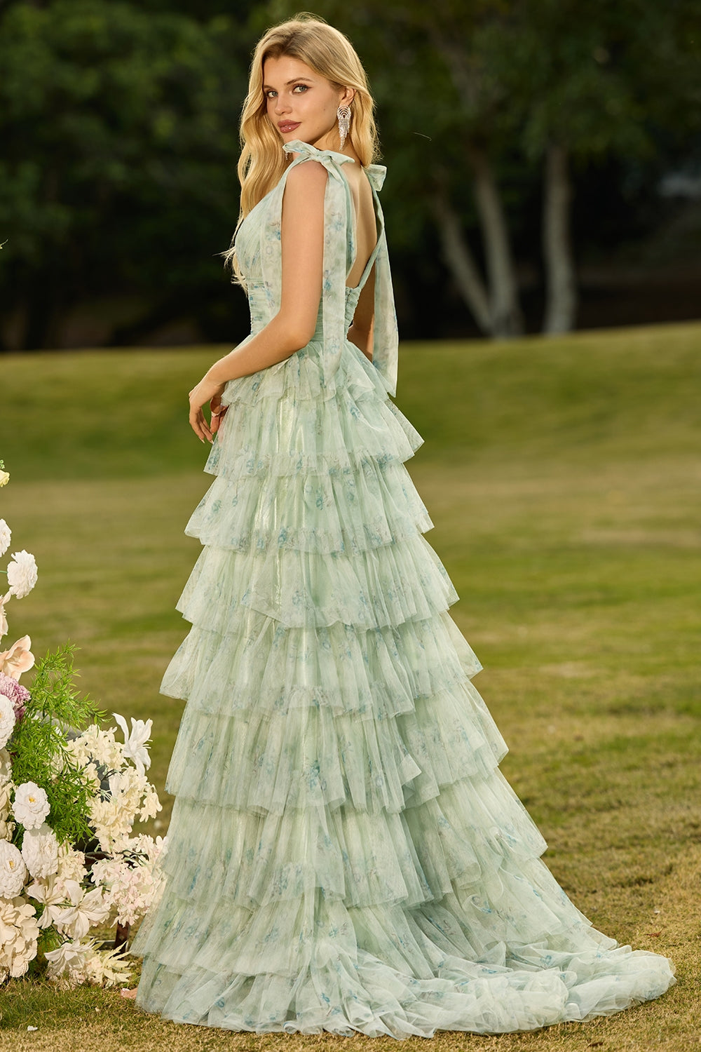 Green Floral Tulle A Line Tiered Long Prom Dress with Slit