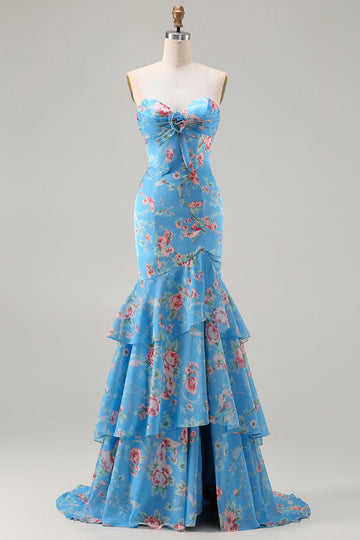 Floral Blue Pink Mermaid Sweetheart Long Prom Dress with Ruffles