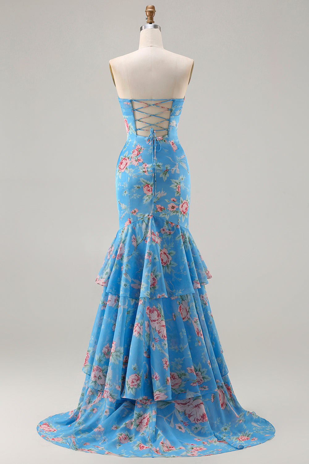Floral Blue Pink Mermaid Sweetheart Long Prom Dress with Ruffles