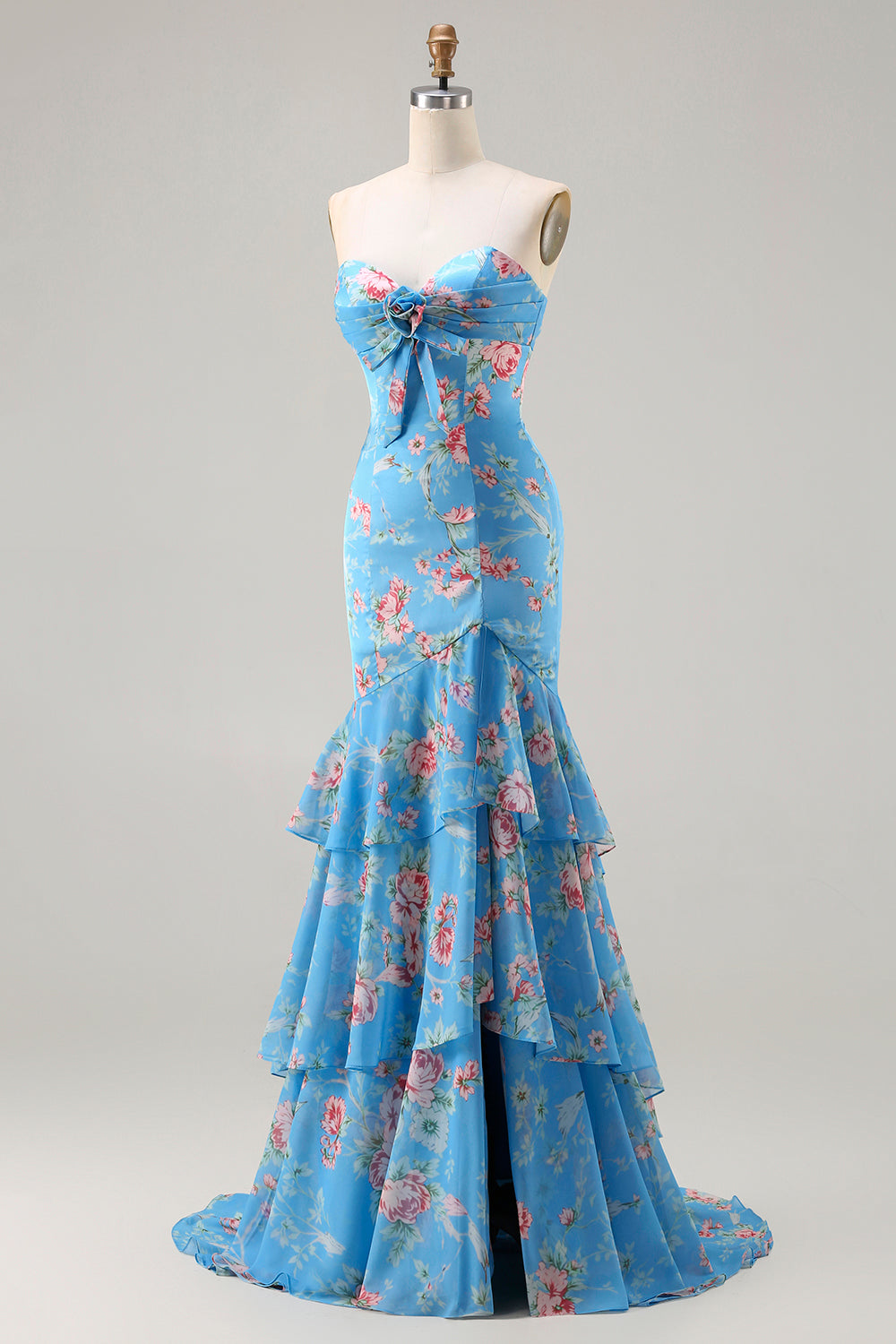 Floral Blue Pink Mermaid Sweetheart Long Prom Dress with Ruffles