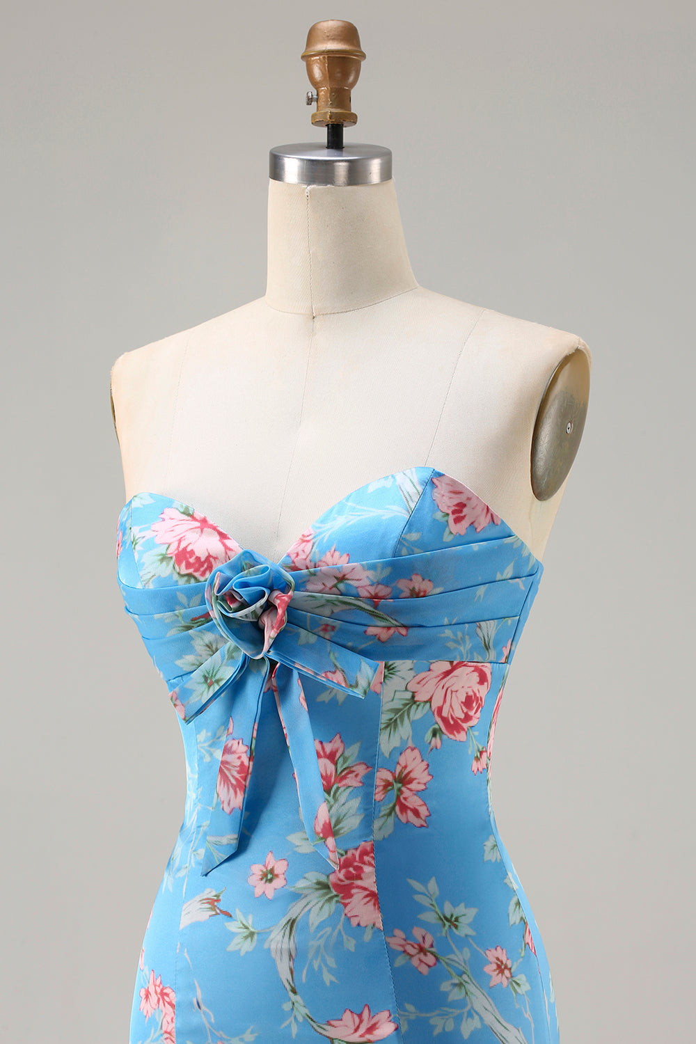 Floral Blue Pink Mermaid Sweetheart Long Prom Dress with Ruffles