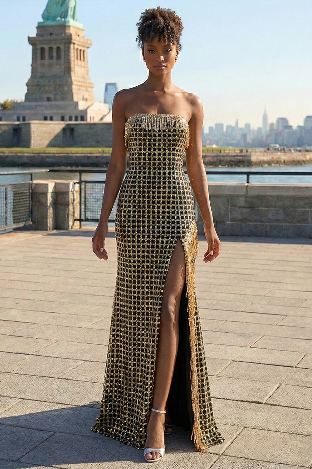 Sparkly Black and Golden Beaded Strapless Long Prom Dress with Slit