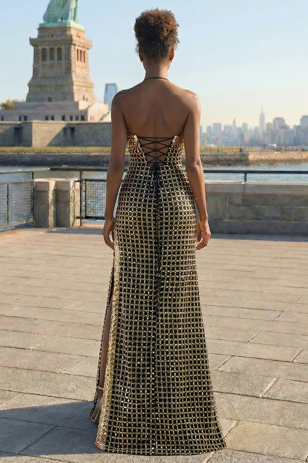 Sparkly Black and Golden Strapless Beaded Long Prom Dress with Slit