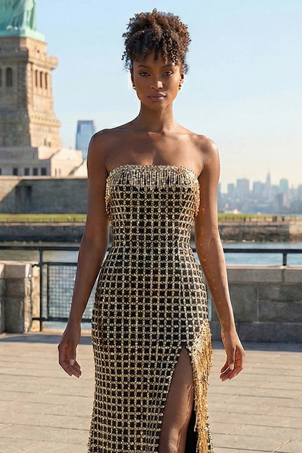 Sparkly Black and Golden Beaded Strapless Long Prom Dress with Slit